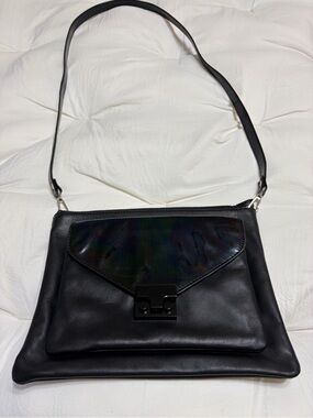 Loeffler Randall Black Leather Shoulder Bag with Flap and Top Zip